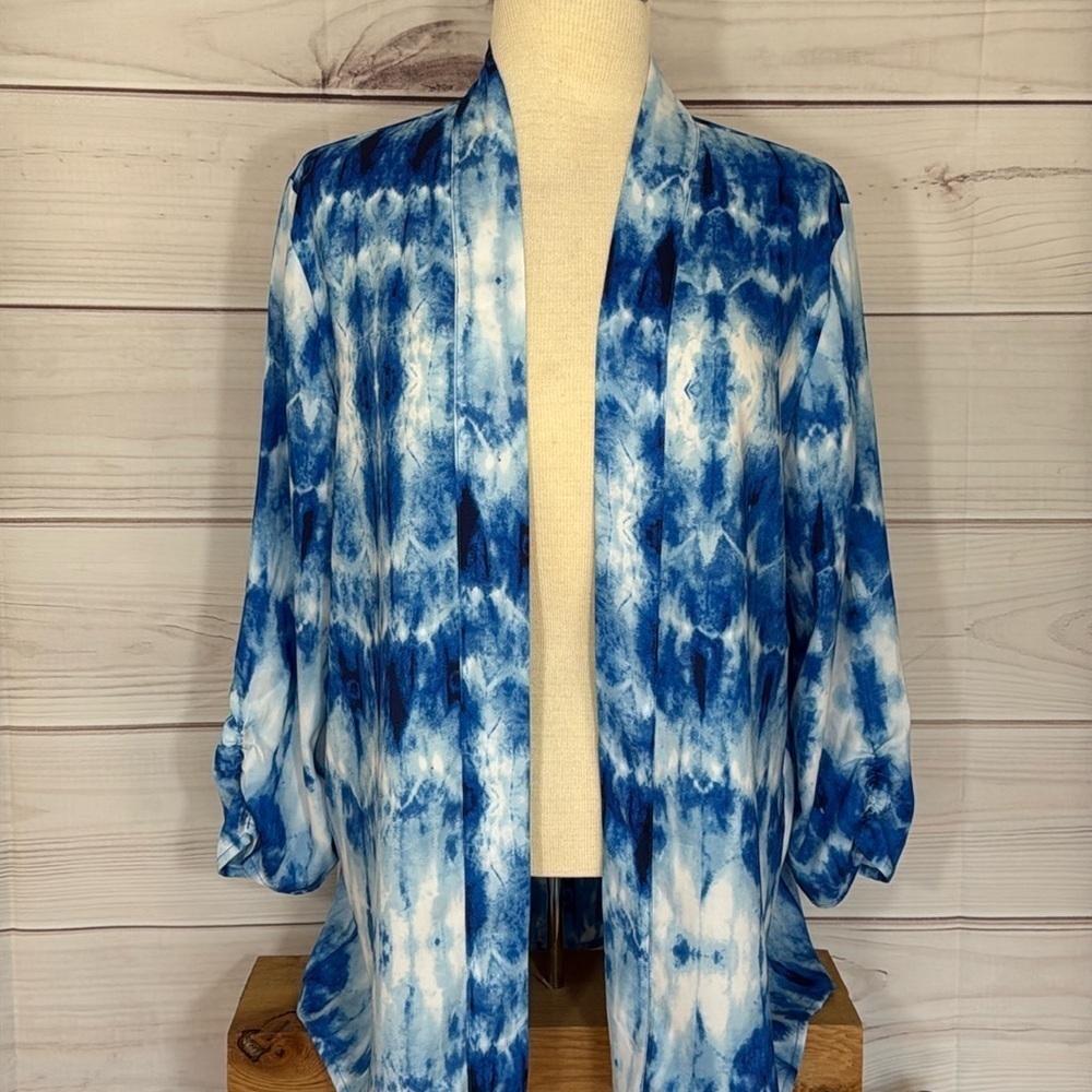 Chico’s Travelers Blue & White Tie Dye Open Front Jacket Size L/12/Chico’s 2